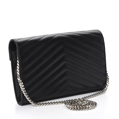 Saint Laurent Grain De Poudre Matelasse Chevron Monogram Chain Wallet Black 3 of 13