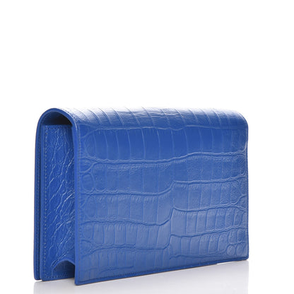 Saint Laurent Calfskin Crocodile Embossed Classic Kate Monogram Clutch Royal Blue 3 of 6