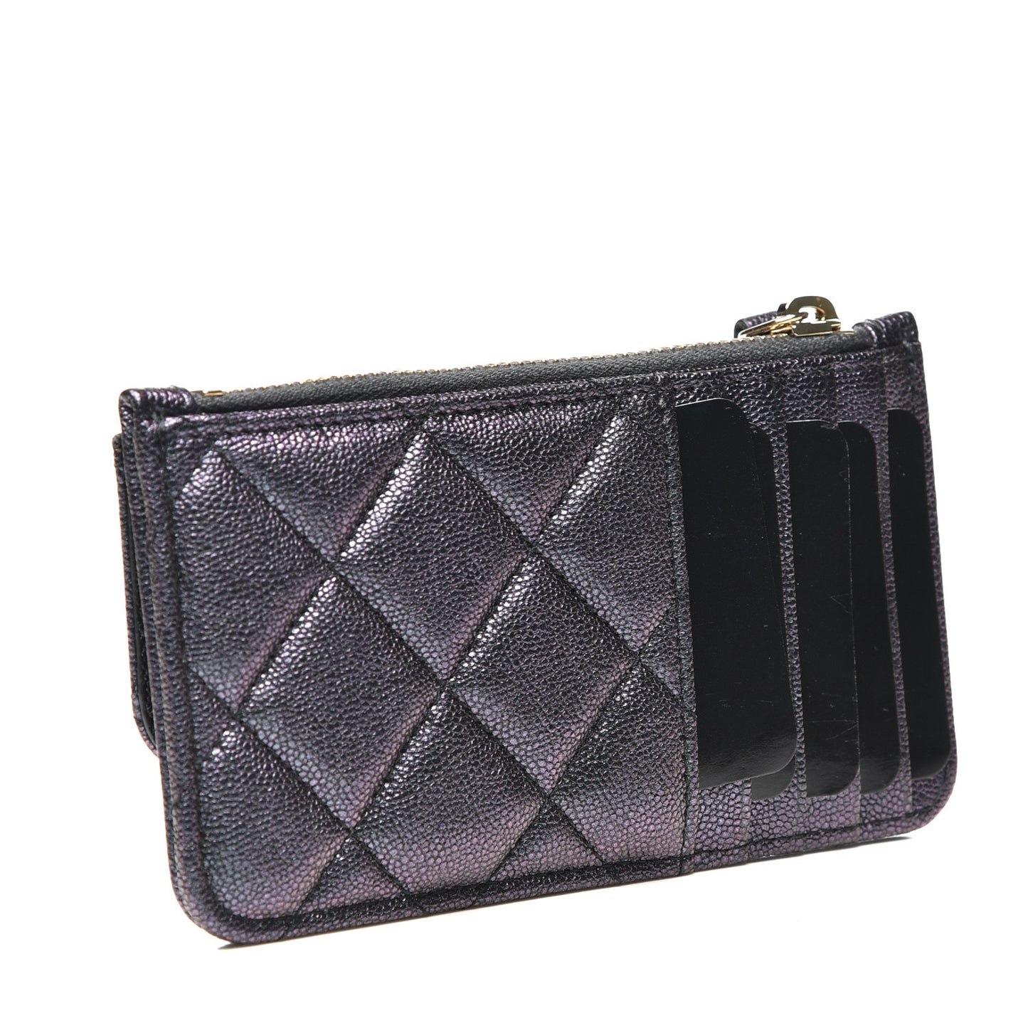 Iridescent Caviar Quilted Flap Zip Card Holder Black