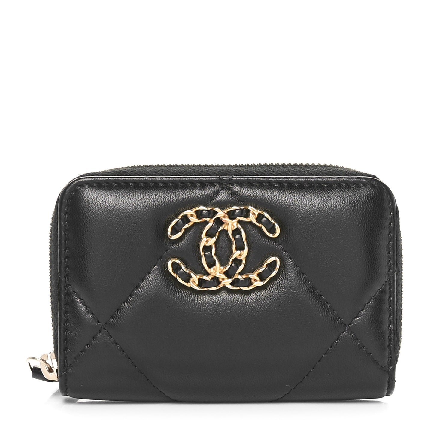 Lambskin Quilted Chanel 19 Zip Around Coin Purse Wallet Black