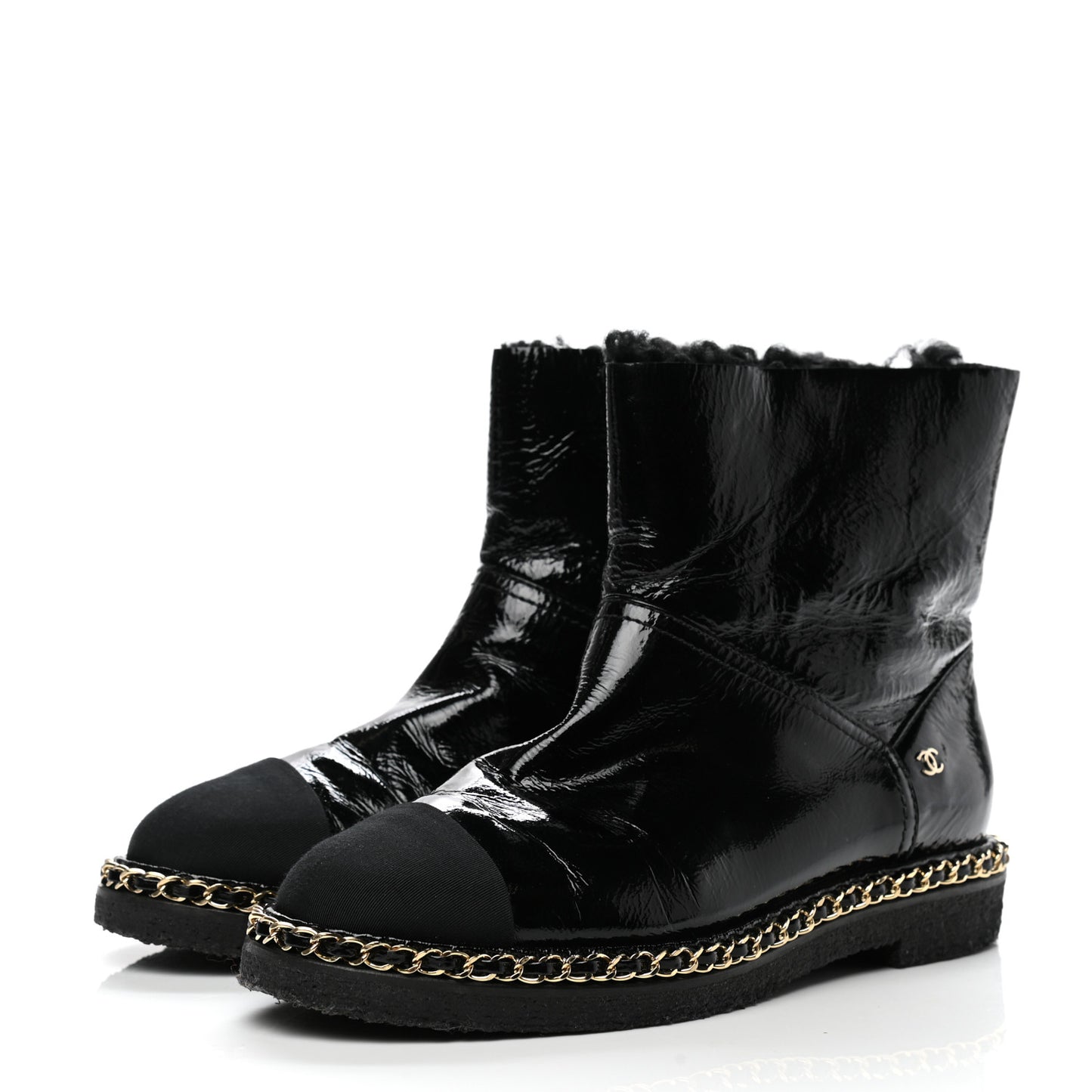 Crumpled Calfskin Shearling Womens Cap Toe Chain Short Boots 39 Black