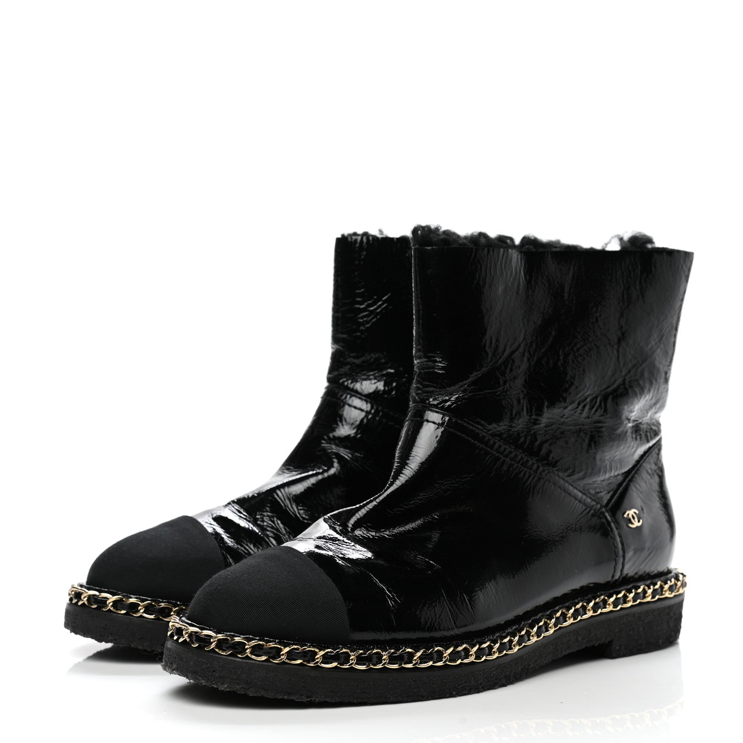 Chanel Crumpled Calfskin Shearling Womens Cap Toe Chain Short Boots 39 Black 3 of 8