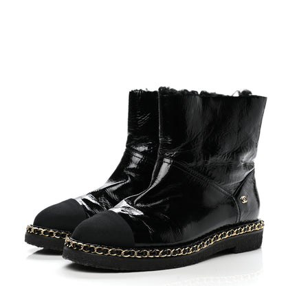 Chanel Crumpled Calfskin Shearling Womens Cap Toe Chain Short Boots 39 Black 3 of 8