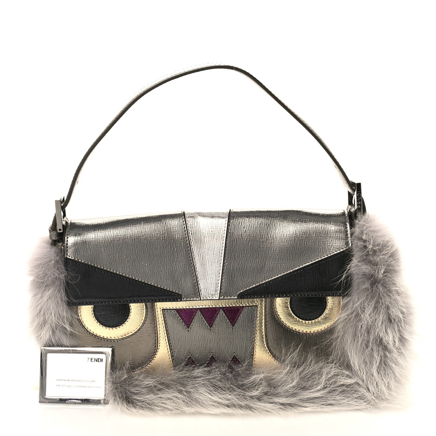 Fendi Metallic Saffiano Fox Fur Monster Baguette Gray 1 of 9