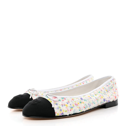 Chanel Tweed Sequin Grossgrain Cap Toe Ballerina Flats 40 Ecru Multicolor Black 3 of 10
