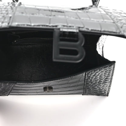 Balenciaga Shiny Calfskin Monochrome Crocodile Embossed Small Hourglass Top Handle Bag Black 5 of 9