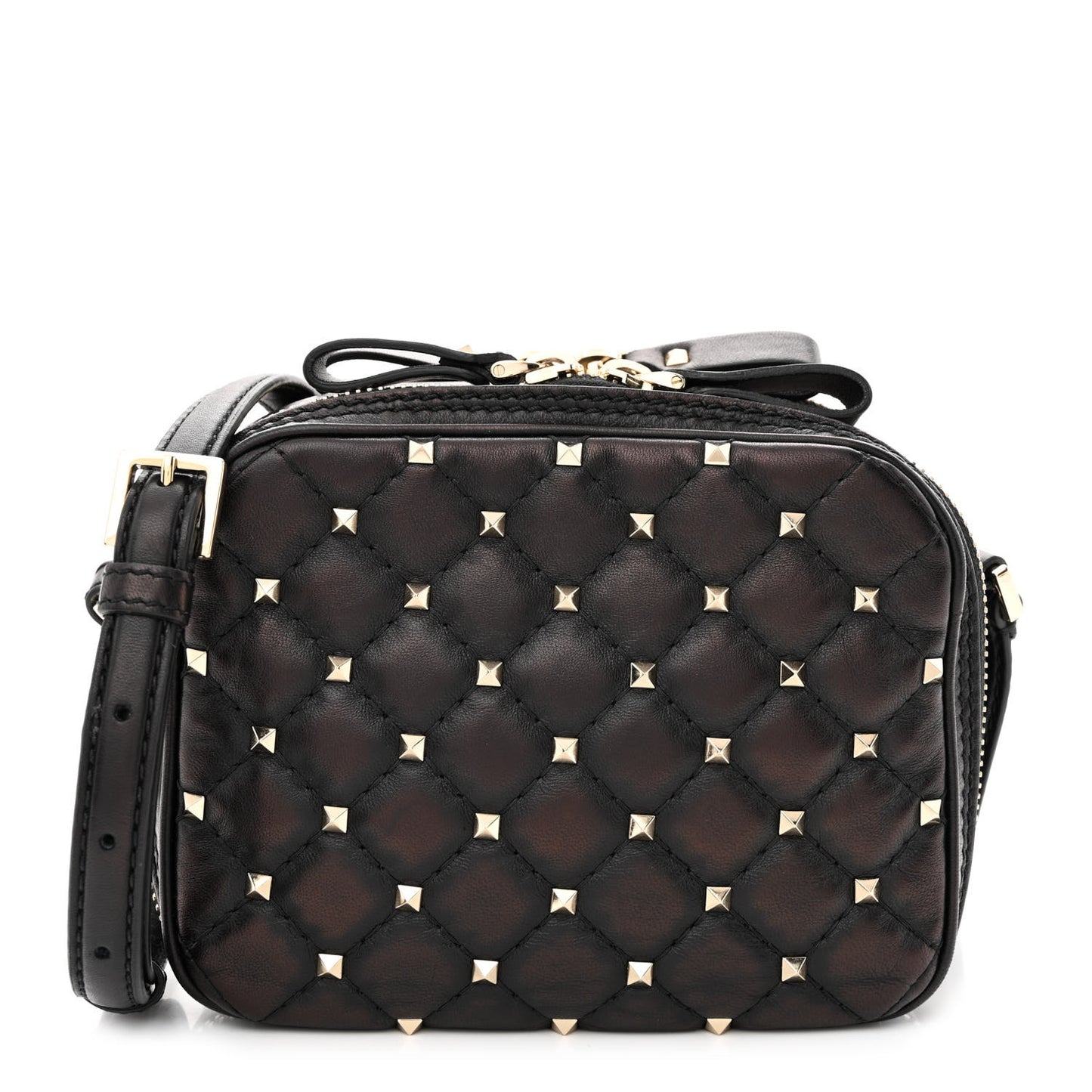 Nappa Rockstud Spike Double Zip Camera Crossbody Bag Black