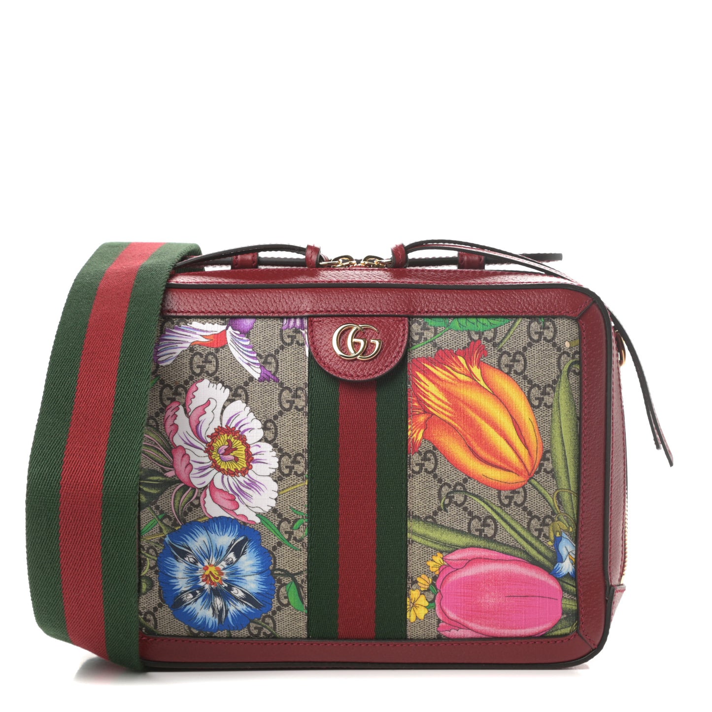 GG Supreme Monogram Flora Web Small Ophidia Top Handle Shoulder Bag Hibiscus Red