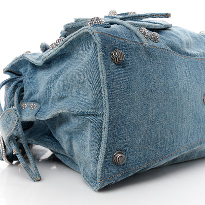 Balenciaga Washed Frayed Denim Crystal Neo Cagole City Handbag Blue 13 of 14