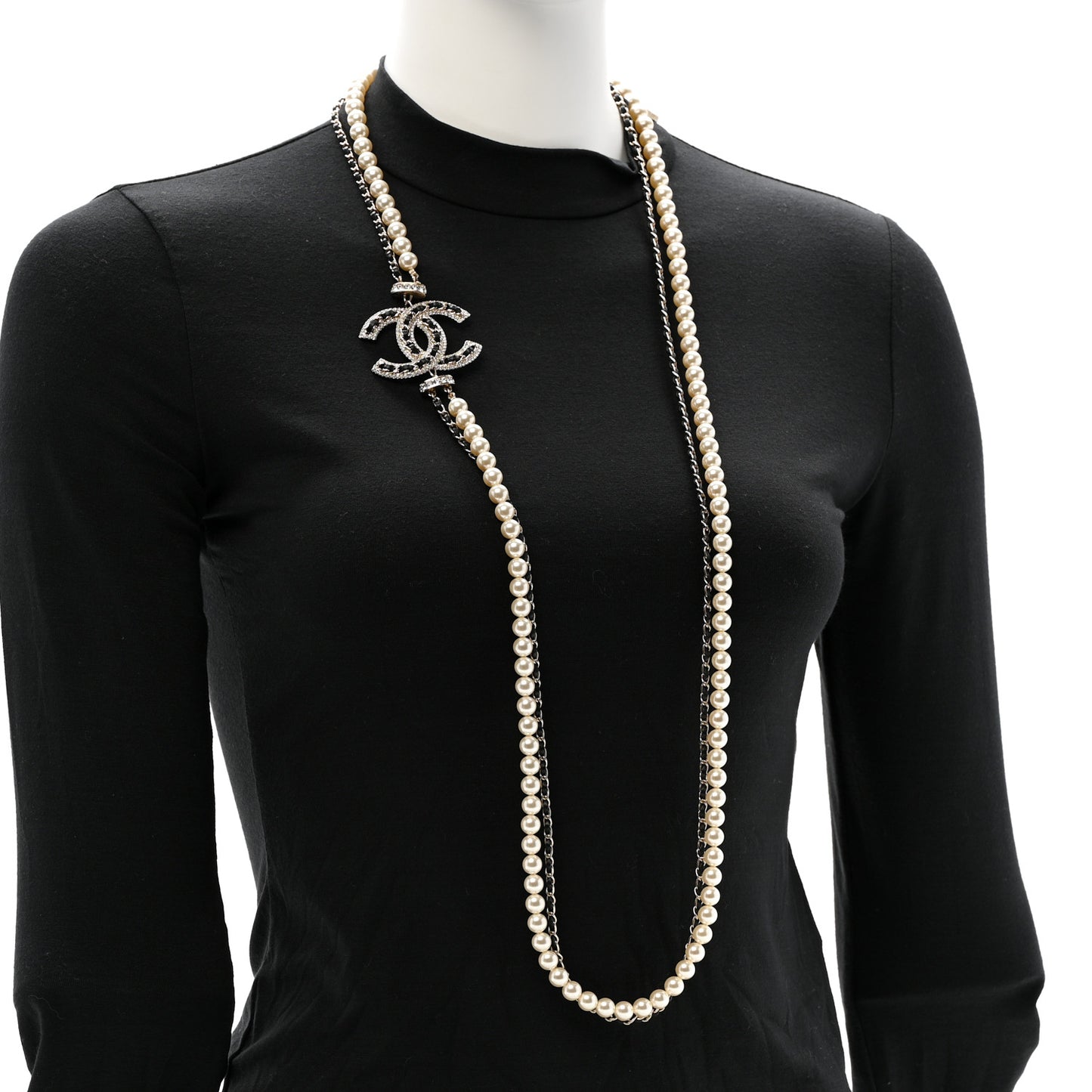 Lambskin Pearl Crystal CC Multi Strand Necklace Black Gold