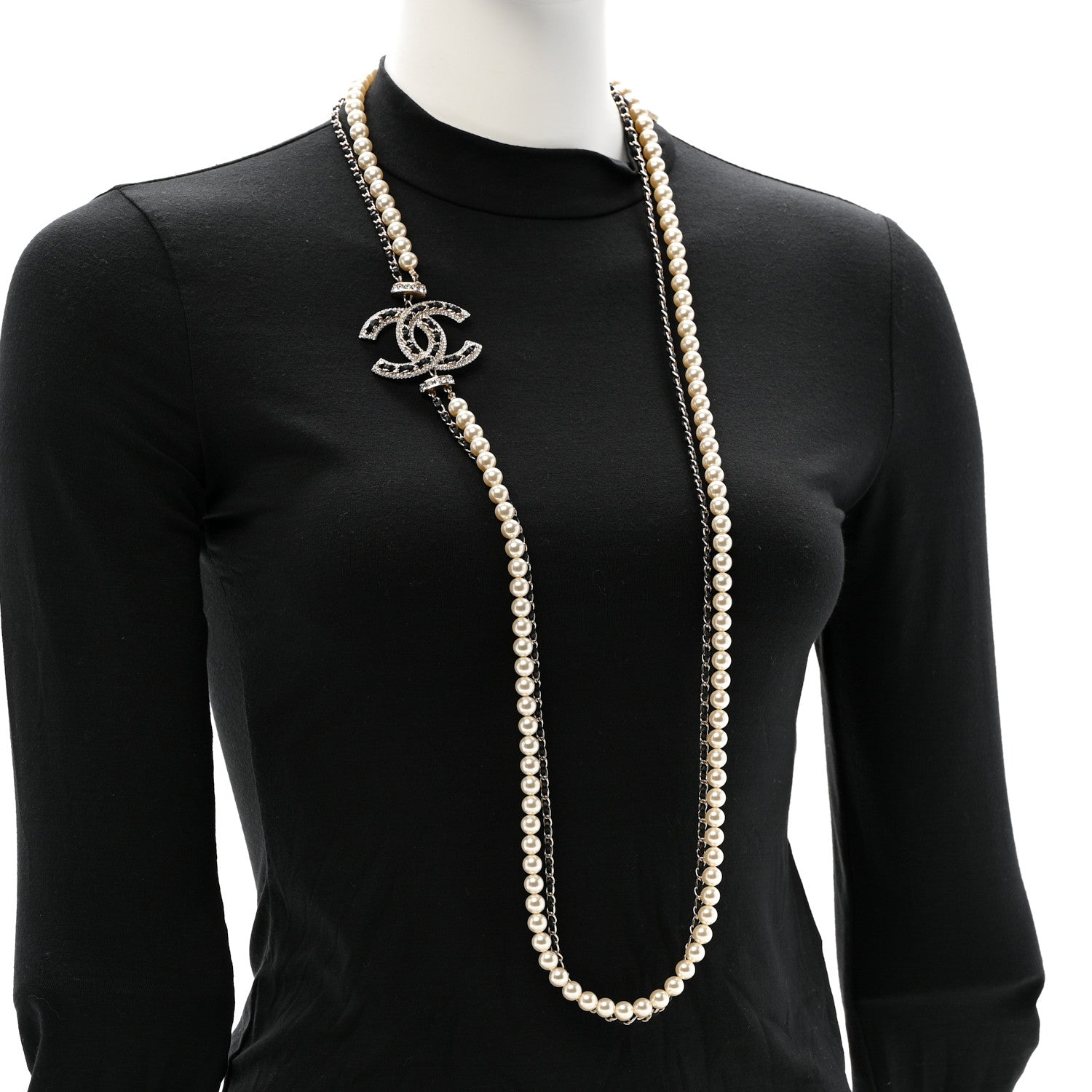 Chanel Lambskin Pearl Crystal CC Multi Strand Necklace Black Gold 2 of 6