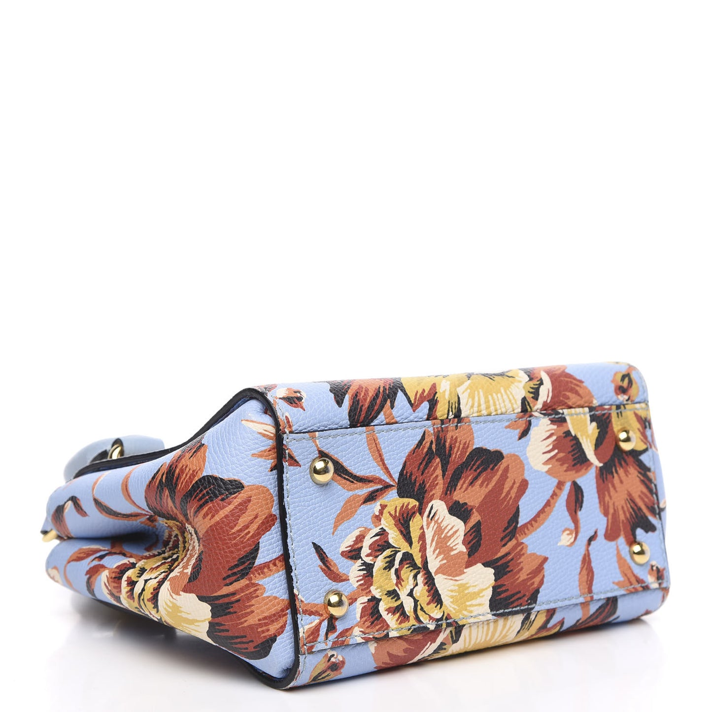 Soft Grain Calfskin Floral Print Medium Buckle Tote Peony Rose Pale Blue Vibrant Orange