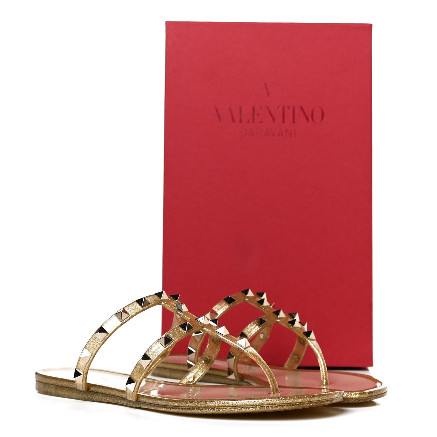 PVC Jelly Glitter Rockstud Caged Flat Thong Sandals 37 Oro