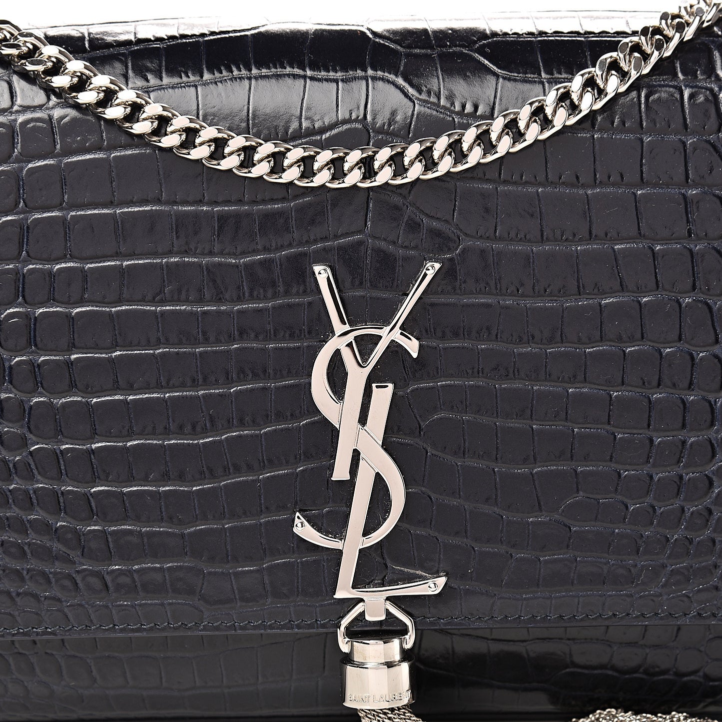 Calfskin Crocodile Embossed Medium Classic Monogram Kate Tassel Satchel Blue Sapphire