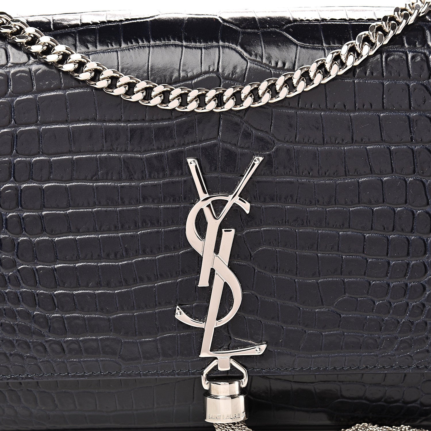 Saint Laurent Calfskin Crocodile Embossed Medium Classic Monogram Kate Tassel Satchel Blue Sapphire 8 of 10