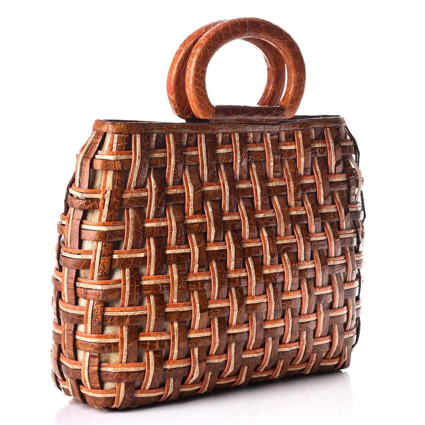Crocodile Woven Top Handle Tote Orange Brown