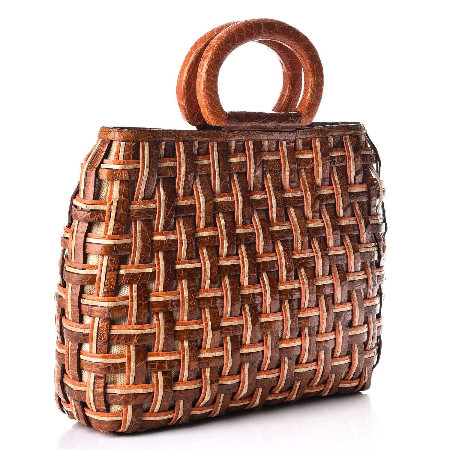 Nancy Gonzalez Crocodile Woven Top Handle Tote Orange Brown 3 of 9