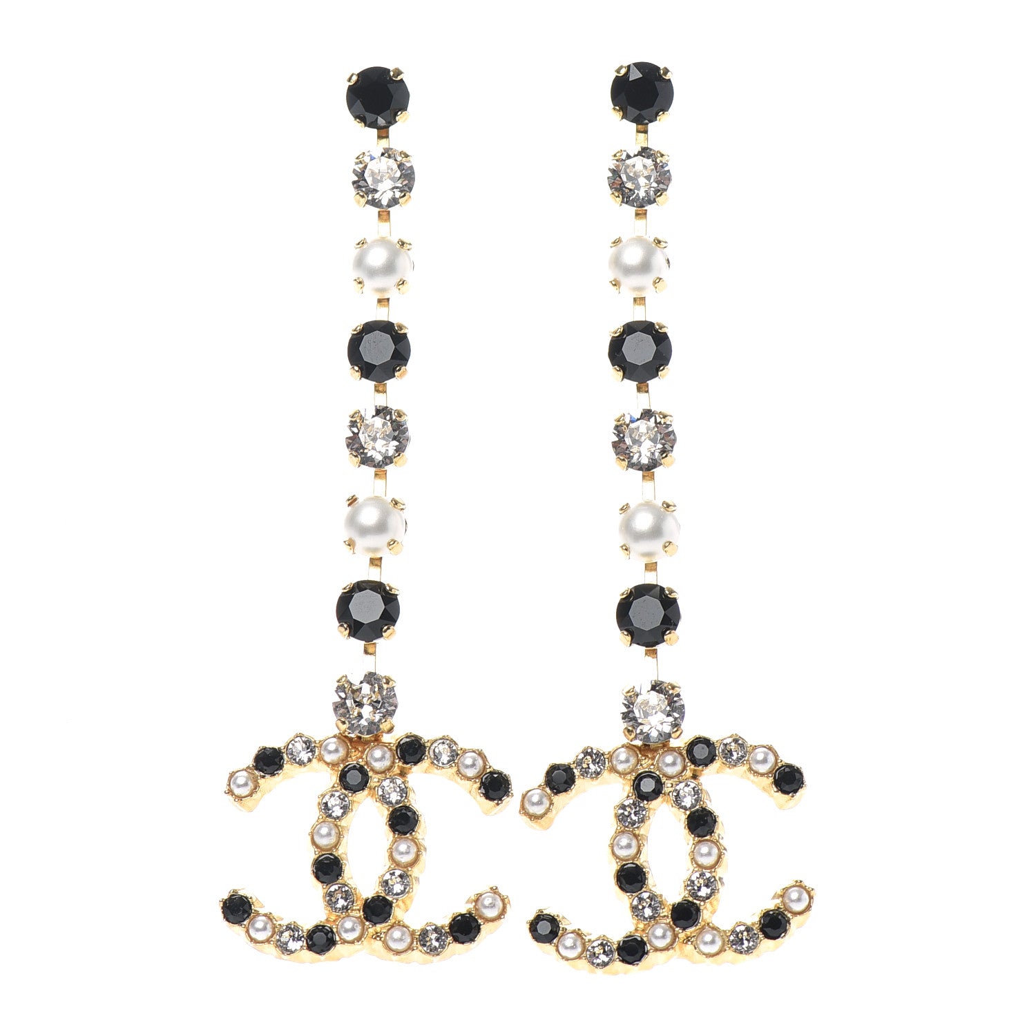 Chanel Resin Crystal Pearl CC Long Drop Earrings Gold Black 1 of 4