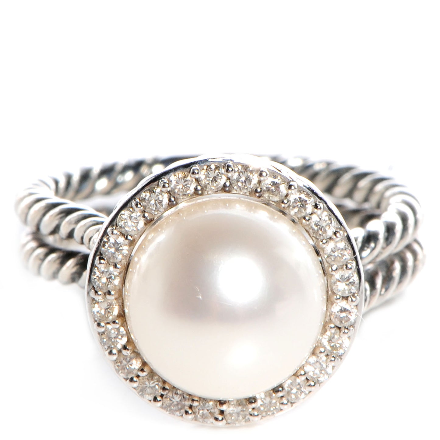 Sterling Silver Pave Diamond Pearl Cable Ring 6