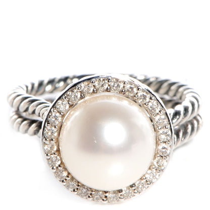 David Yurman Sterling Silver Pave Diamond Pearl Cable Ring 6 1 of 6