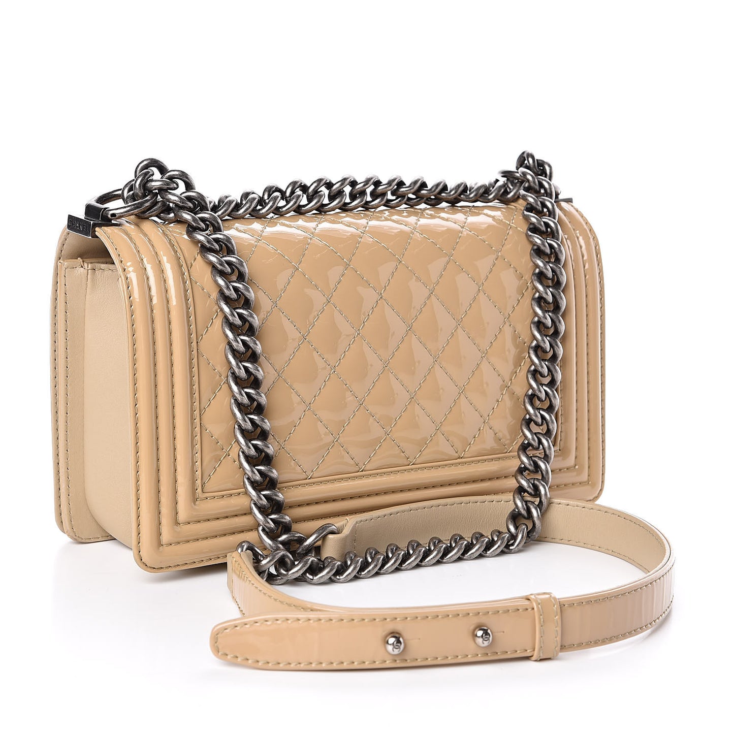 Patent Calfskin Enamel Quilted Medium Boy Flap Beige