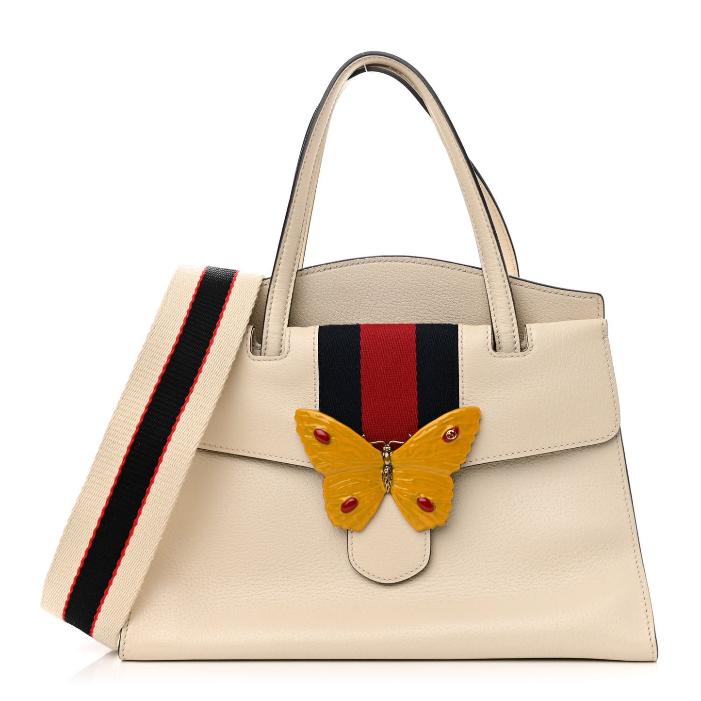 Grained Calfskin Web Stripe Butterfly Medium Totem Top Handle Bag White