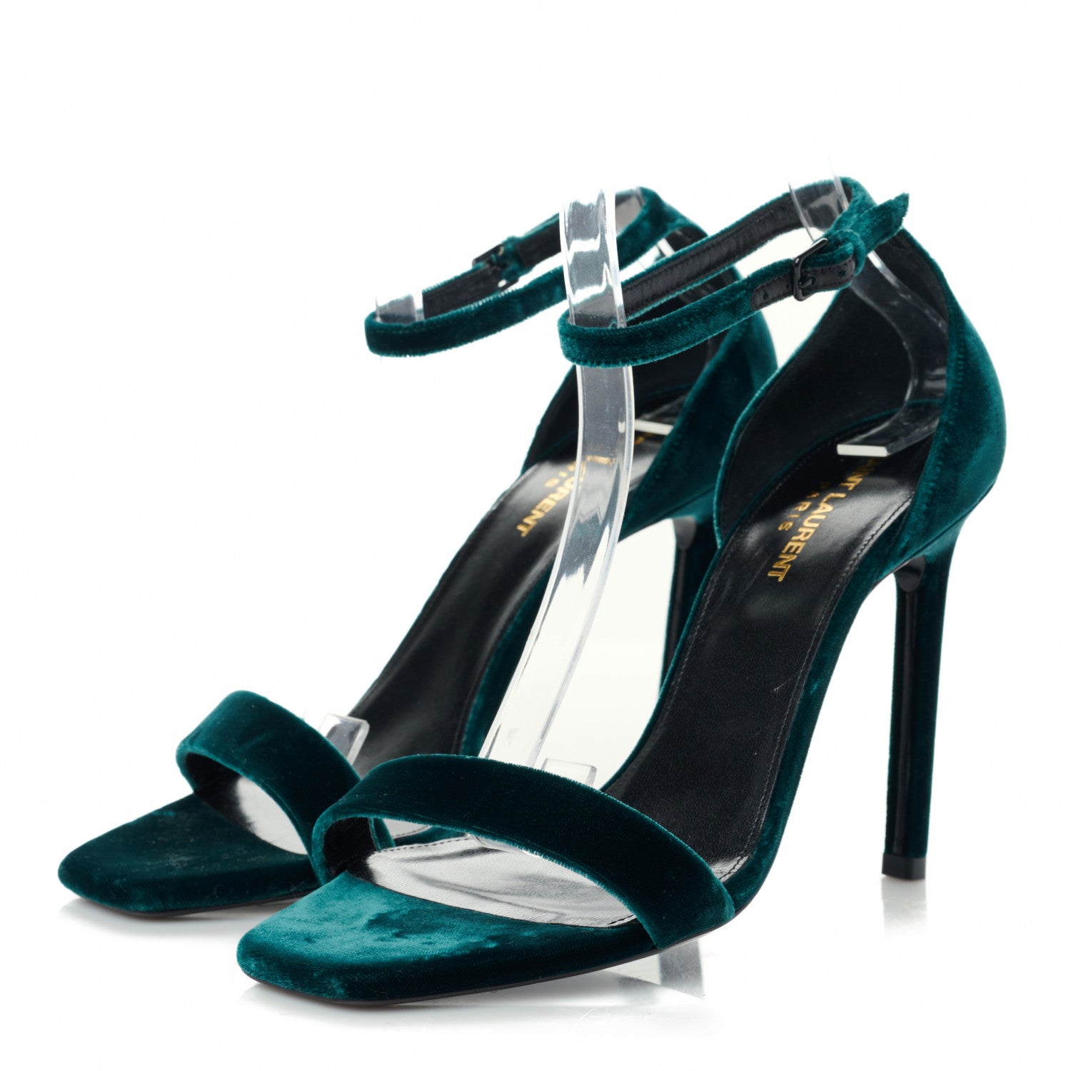 Saint Laurent Velvet Amber 105 Ankle Strap Sandals 39 Malachite 3 of 8