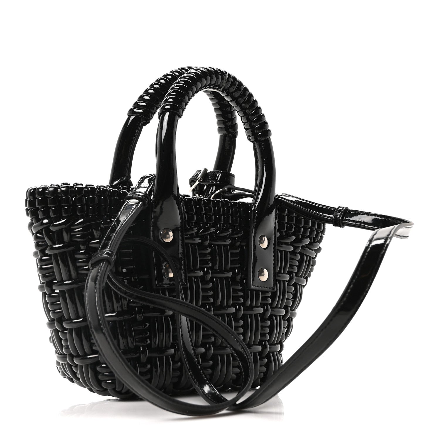 Balenciaga Faux Calfskin Braided Varnished XXS Bistro Basket Black