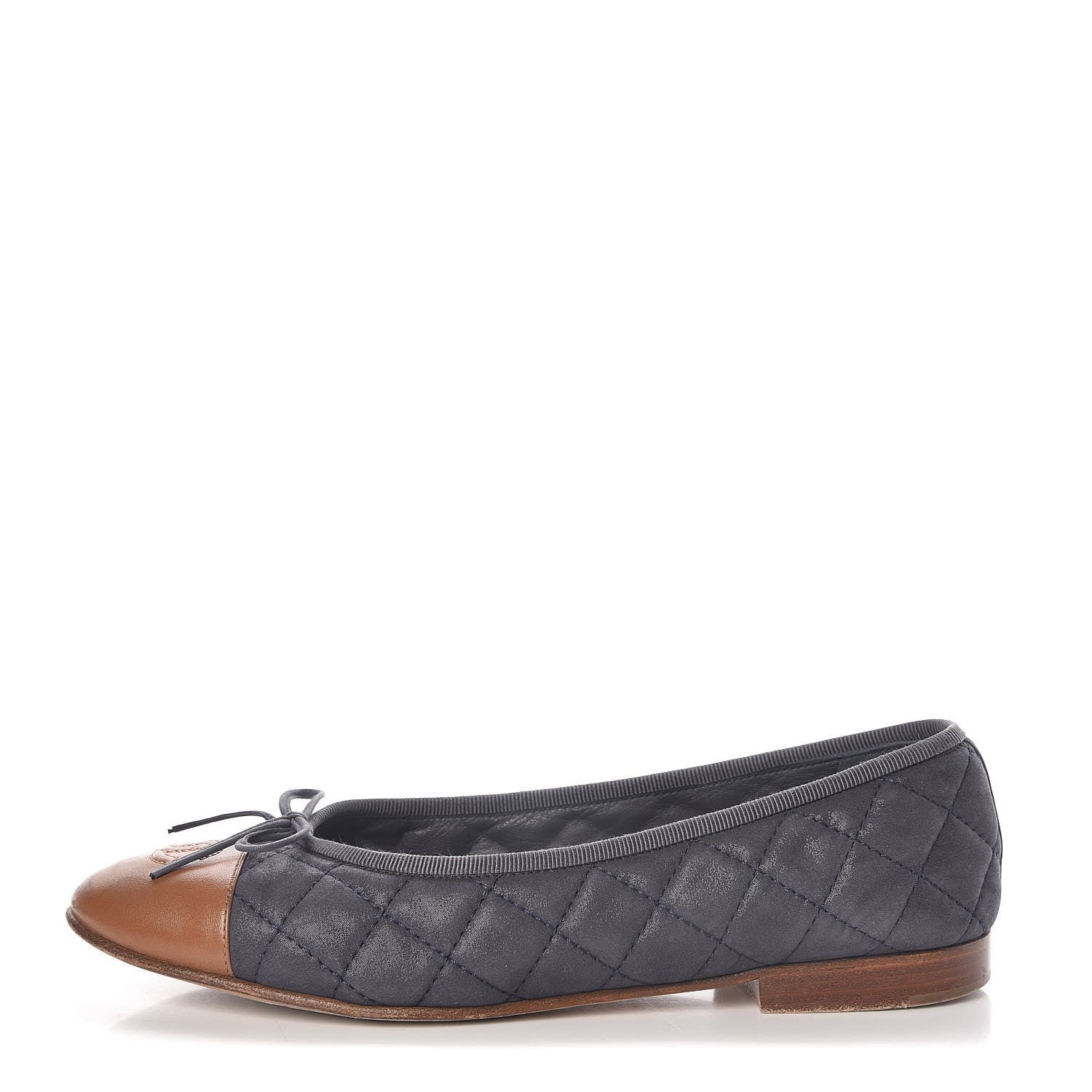 Chanel Iridescent Calfskin Quilted CC Cap Toe Ballerina Flats 37.5 Navy Tan 1 of 12