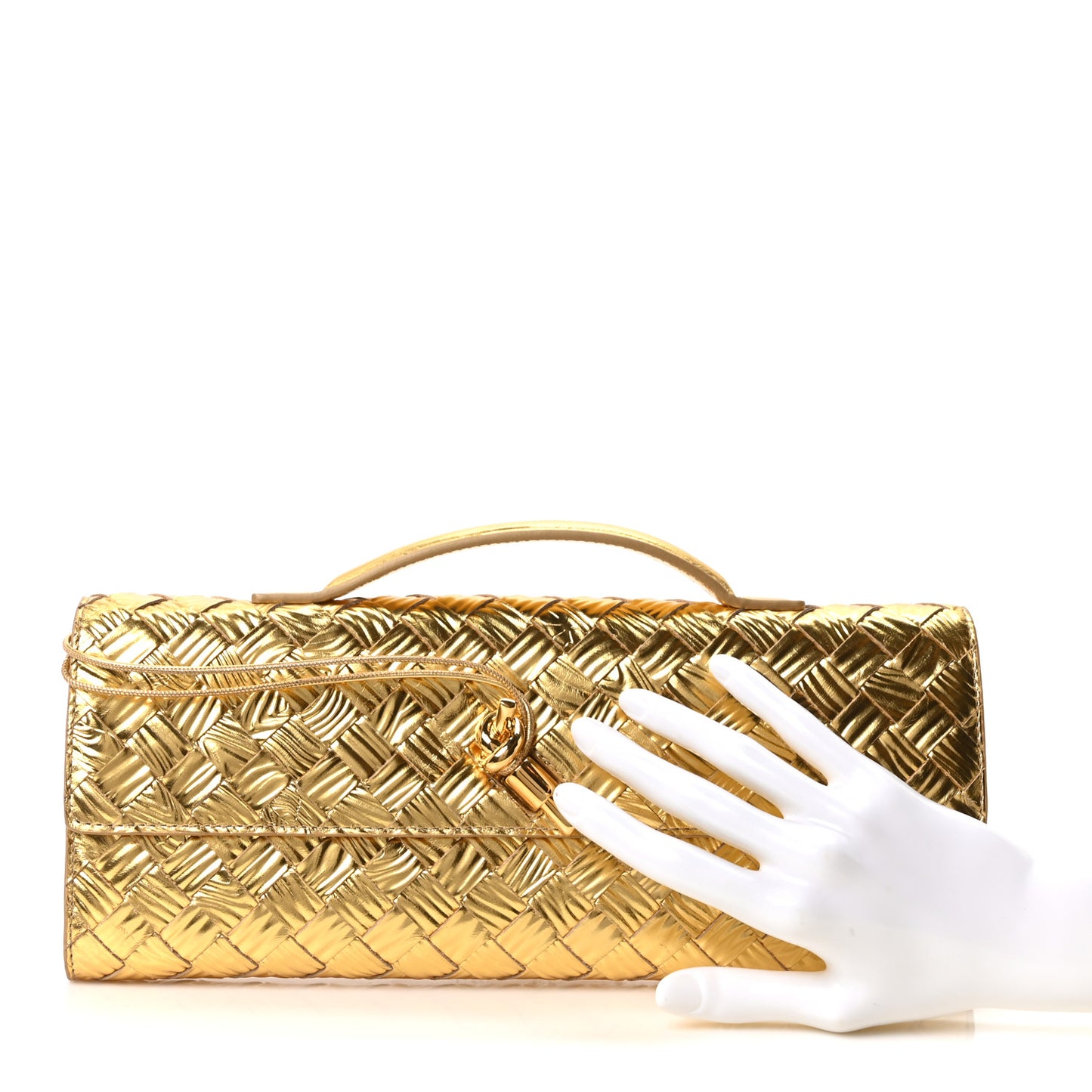 Metallic Satin Lambskin Intrecciato Long Andiamo Top Handle Clutch Gold