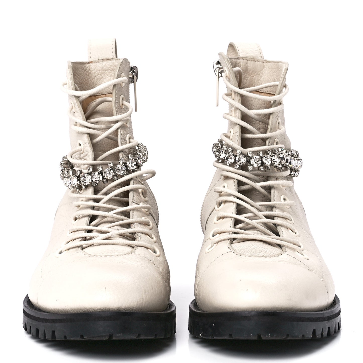 Grained Calfskin Crystal Embellished Cruz Combat Boots 37.5 White