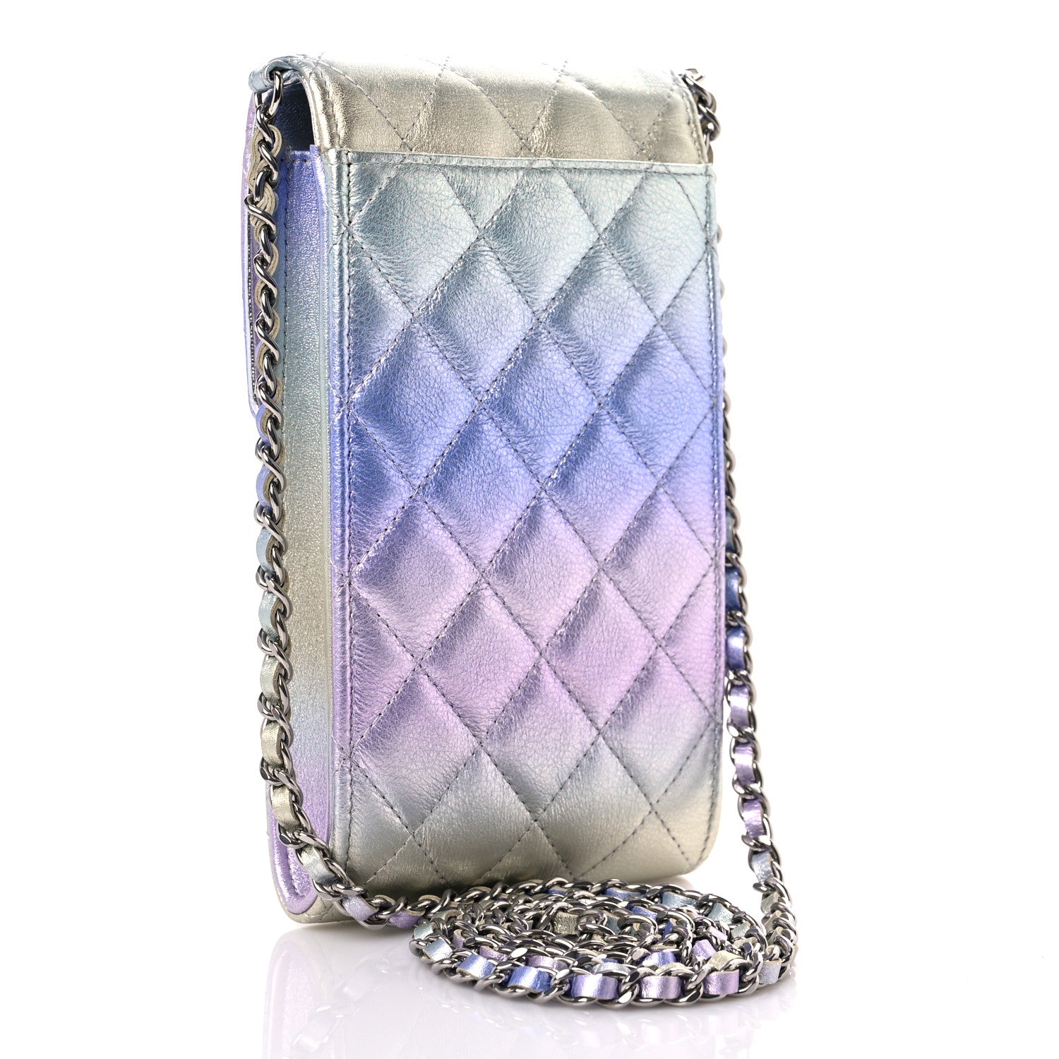 Chanel Gradient Metallic Calfskin Quilted CC Phone Holder Silver Blue Yellow Purple 3 of 11