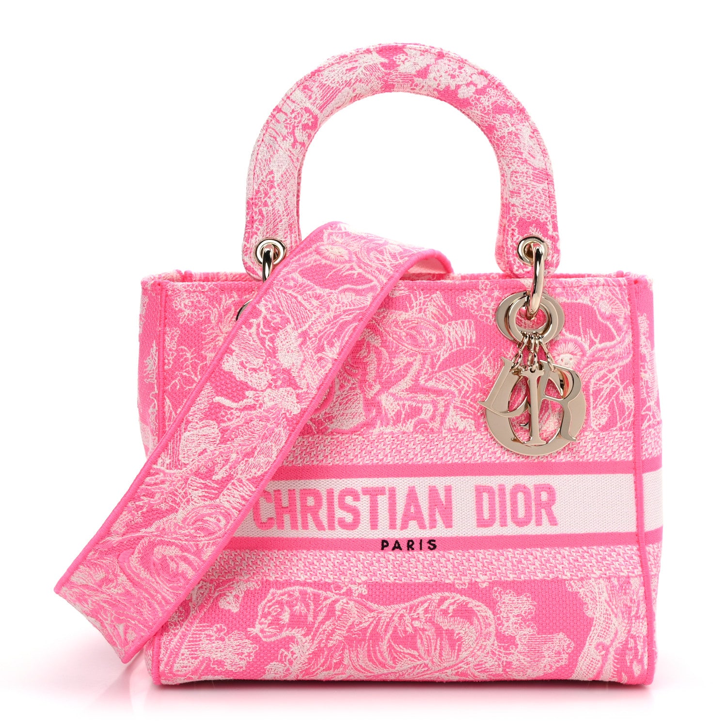 Christian Dior Canvas Toile De Jouy Reverse Embroidered Medium Lady D-Lite Fluorescent Pink 1 of 8