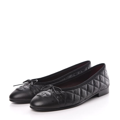 Chanel Aged Calfskin Quilted Cap Toe Ballerina Flats 37 Black 3 of 9