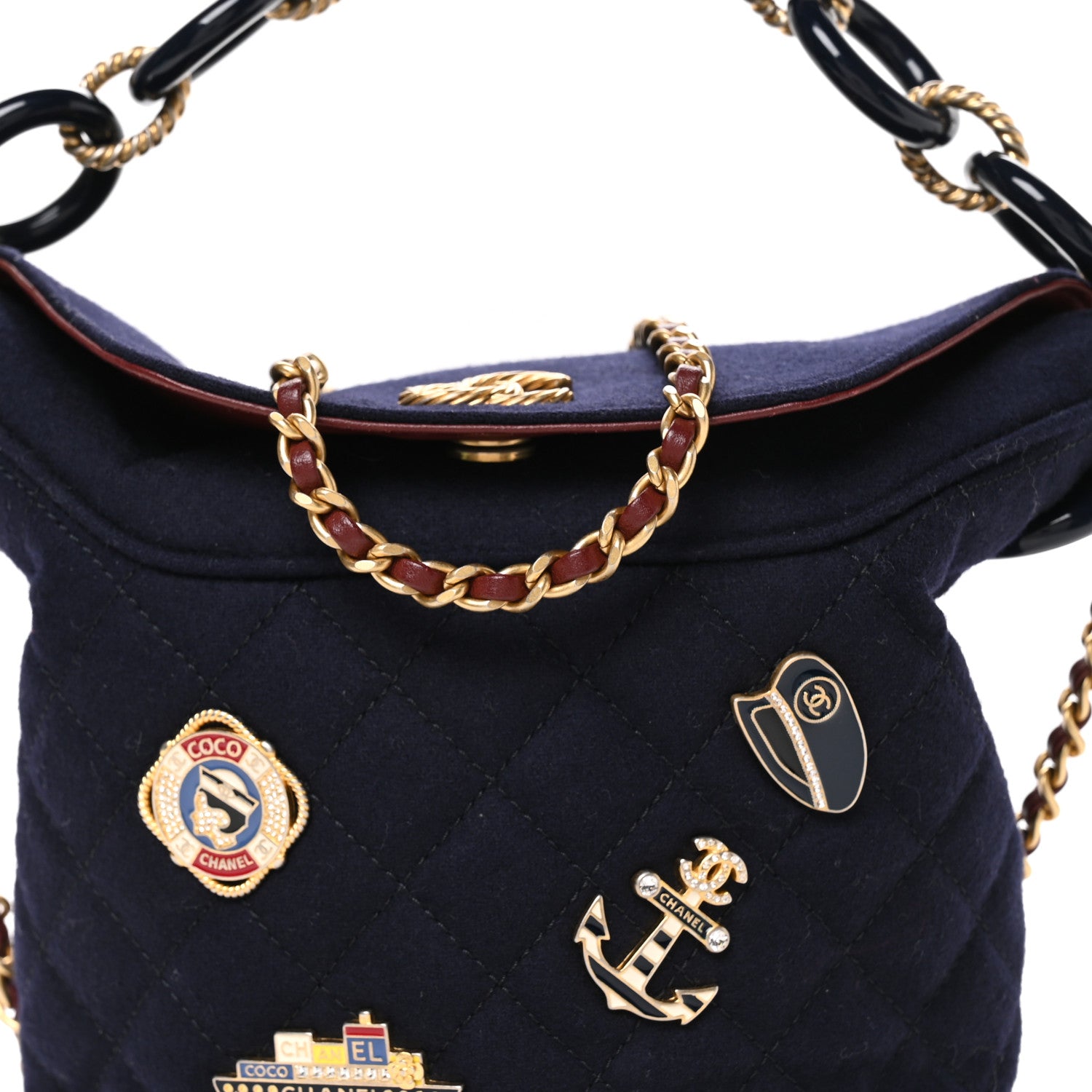 Chanel Felt Quilted Paris Hamburg Charms Drawstring Bucket Bag Dark Navy 8 of 10