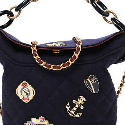 Chanel Felt Quilted Paris Hamburg Charms Drawstring Bucket Bag Dark Navy 8 of 10