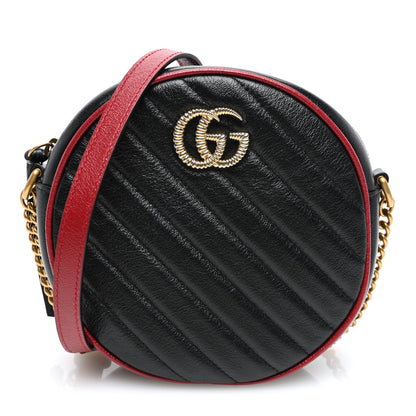 Gucci Vintage Effect Calfskin Matelasse Diagonal Mini Torchon GG Marmont Round Shoulder Bag Black Romantic Cherry 1 of 11