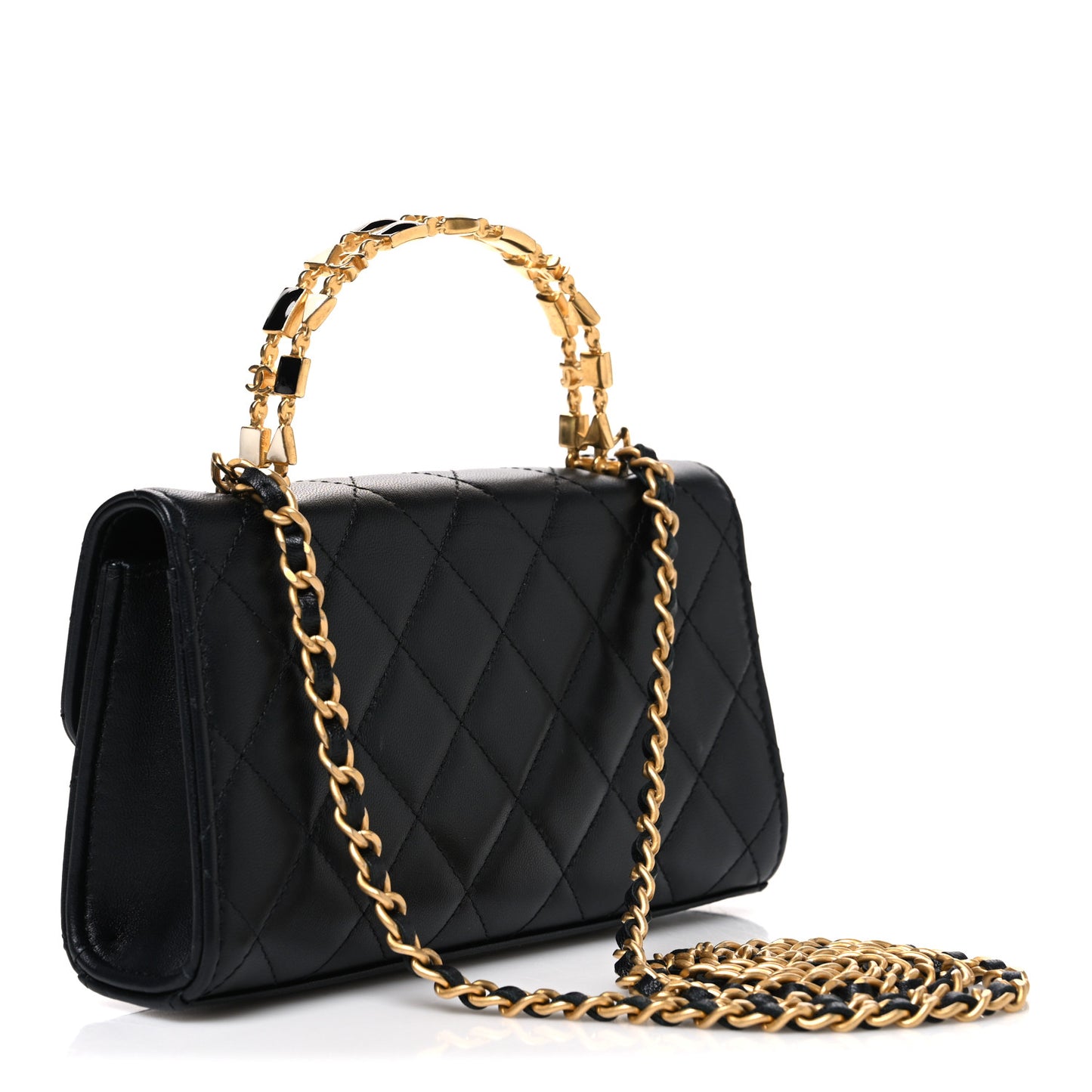 Lambskin Enamel Quilted Top Handle Flap Phone Holder With Chain Black