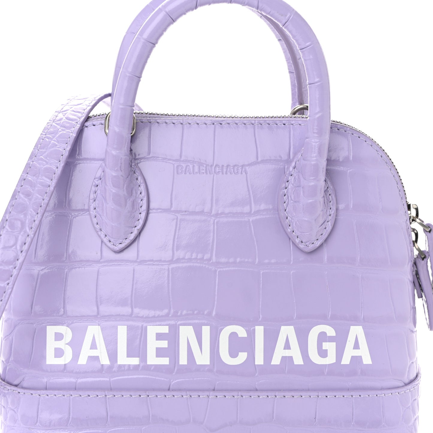 Shiny Calfskin Logo Crocodile Embossed XXS Ville Top Handle Bag Lilac White