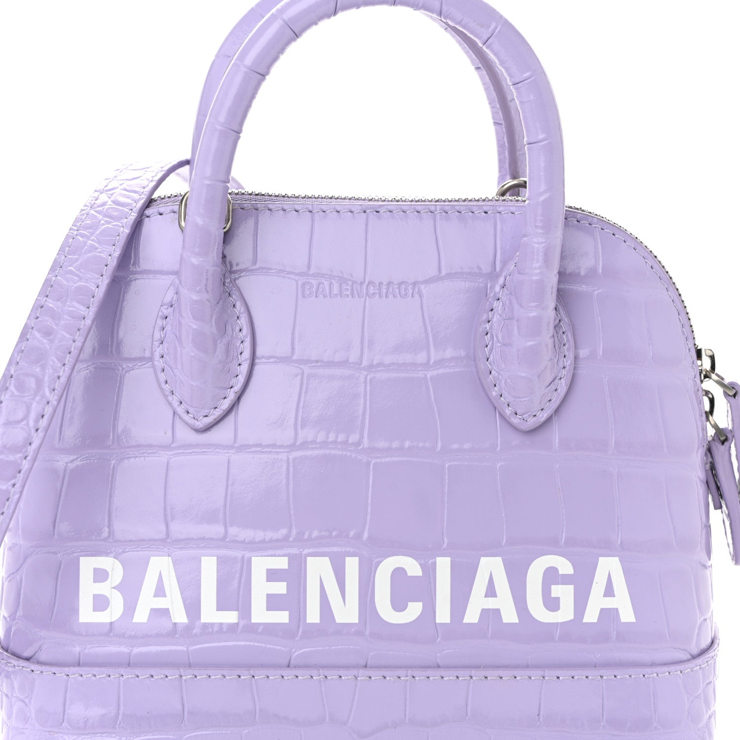 Balenciaga Shiny Calfskin Logo Crocodile Embossed XXS Ville Top Handle Bag Lilac White 7 of 9