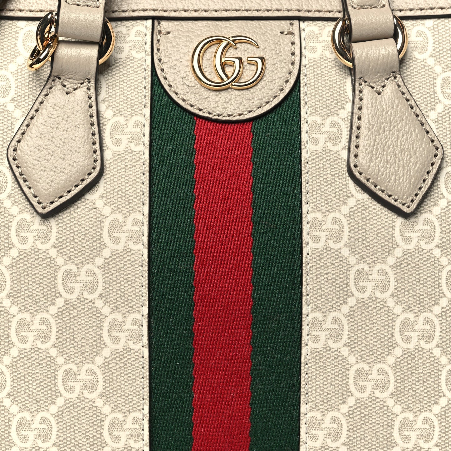 GG Supreme Monogram Textured Dollar Calfskin Web Small Ophidia Tote Bag Beige Mystic White Oatmeal