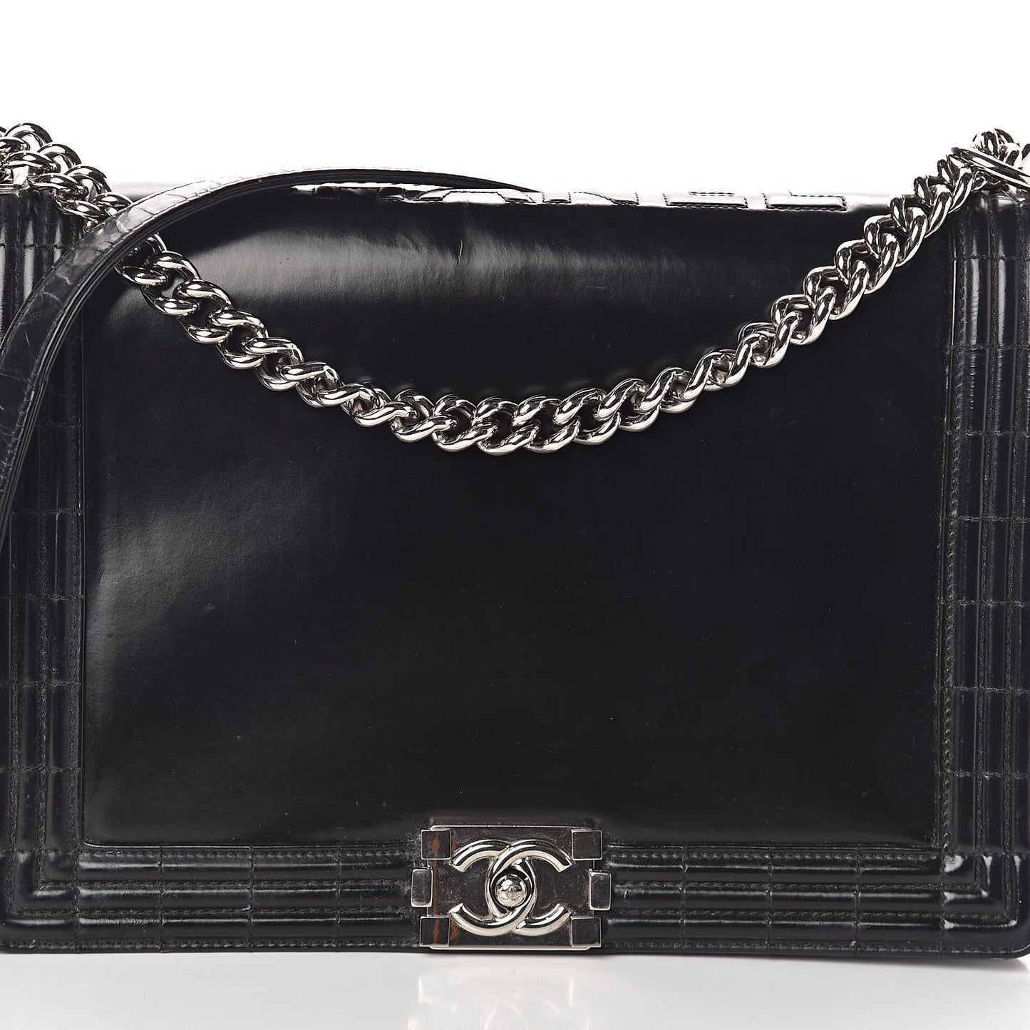 Glazed Calfskin Large Boy Flap Black