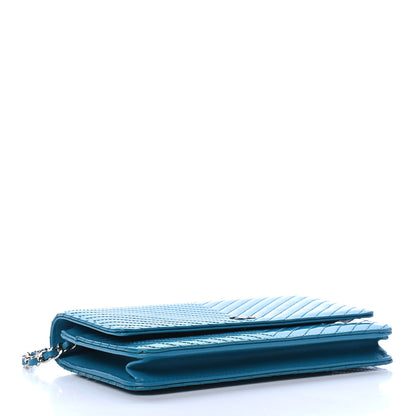 Chanel Patent Calfskin Chevron Quilted Wallet On Chain WOC Blue 3 of 4