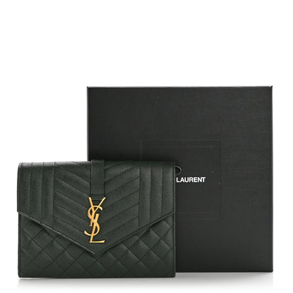 Saint Laurent Grain De Poudre Textured Mixed Matelasse Triquilt Monogram Clutch Vert Fonce 12 of 12