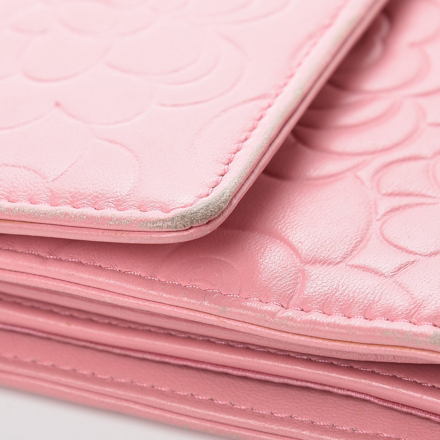 Lambskin Embossed Camellia Large Gusset Flap Wallet Pink