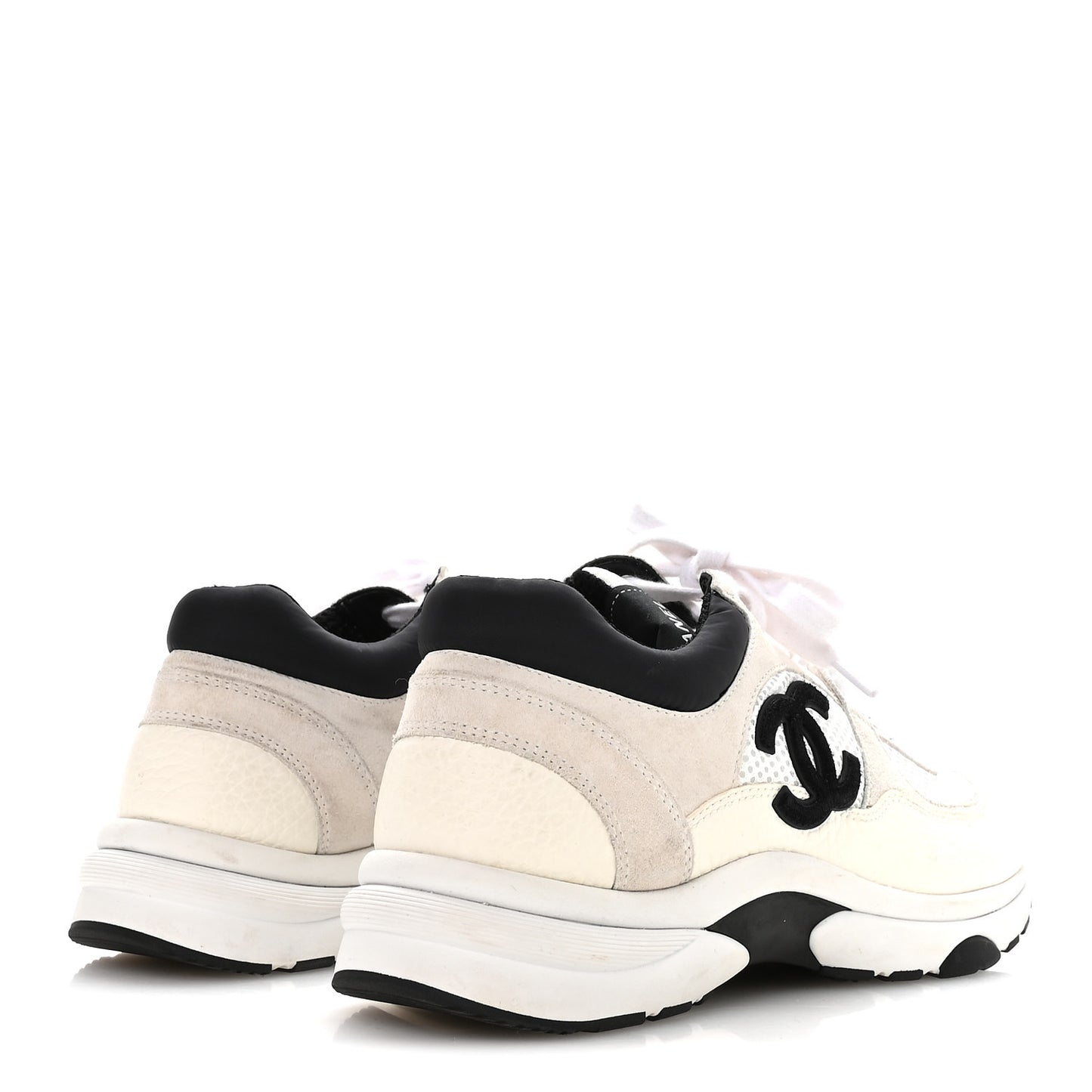 Mesh Suede Calfskin Grained Calfskin Womens CC Sneakers 38.5 White Black