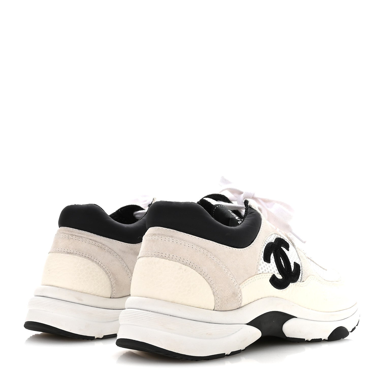 Chanel Mesh Suede Calfskin Grained Calfskin Womens CC Sneakers 38.5 White Black 5 of 9