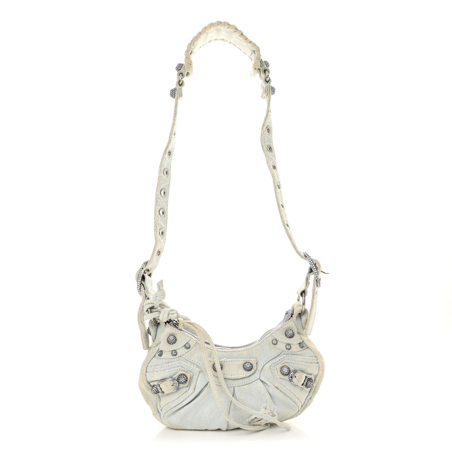 Balenciaga Washed Frayed Denim Crystal XS Le Cagole Shoulder Bag Pale Blue 1 of 16