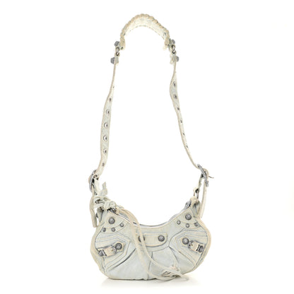 Balenciaga Washed Frayed Denim Crystal XS Le Cagole Shoulder Bag Pale Blue 1 of 16