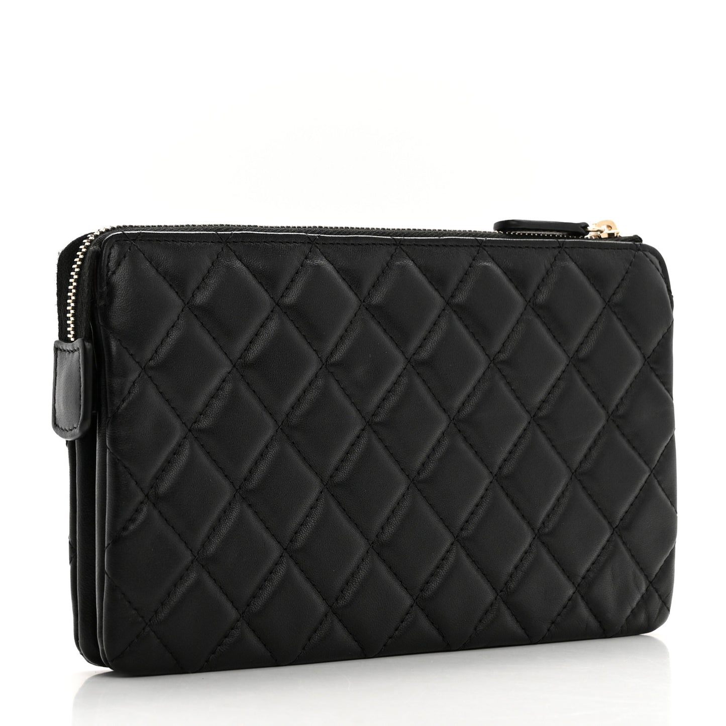 Lambskin Quilted Large Zipped Clutch Black